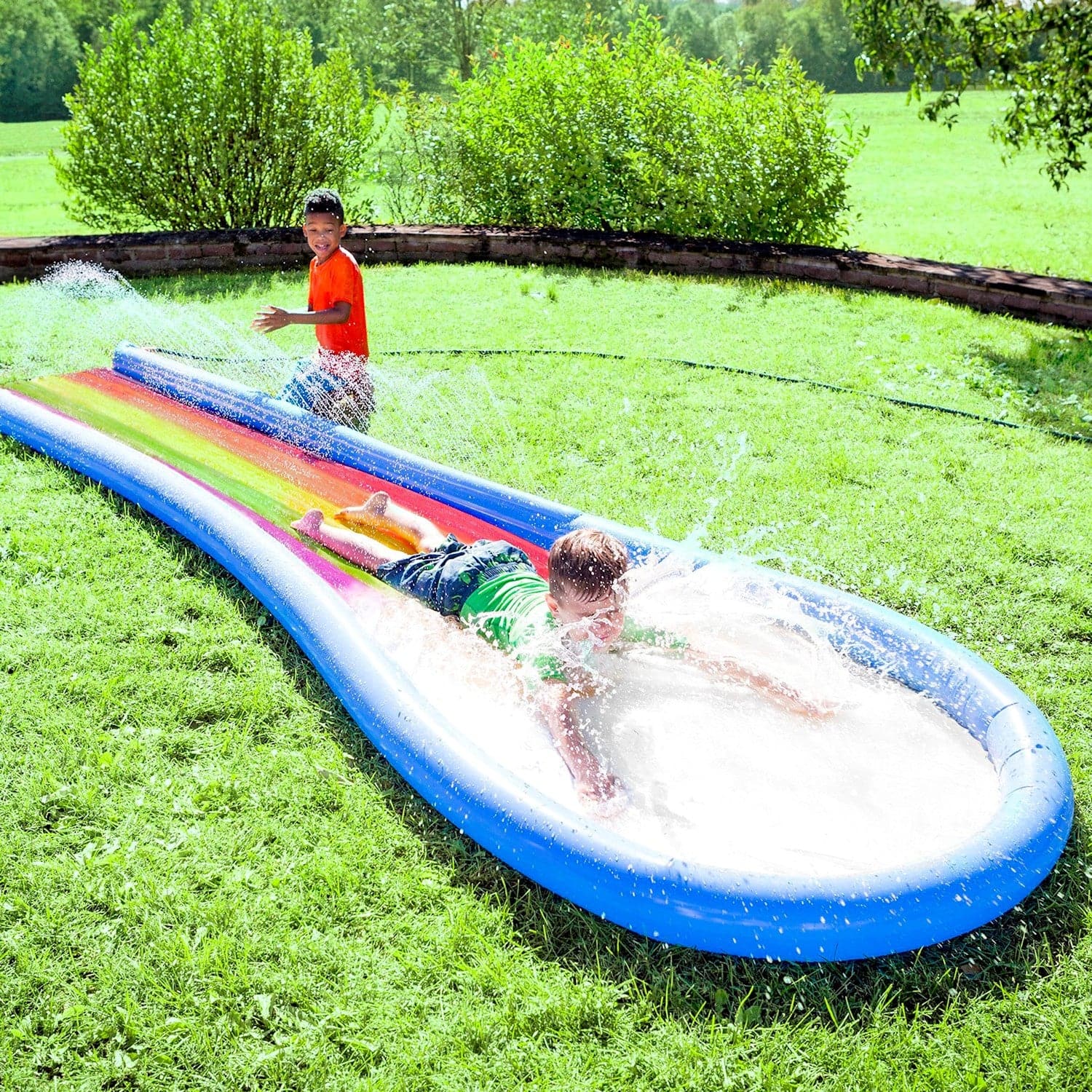 HearthSong-Inflatable 12'L Rainbow Misted Water Slide with Splash Pool-CG733026-Legacy Toys