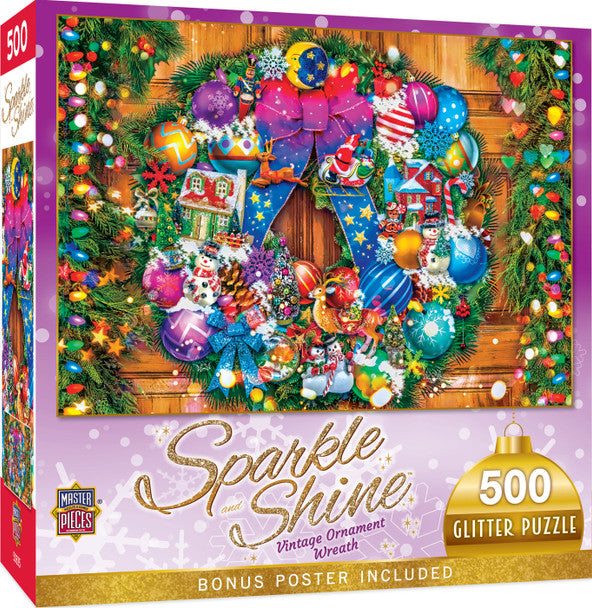 MasterPieces-Holiday - Glitter Christmas- Vintage Ornament Wreath - 500 Piece Puzzle-32310-Legacy Toys