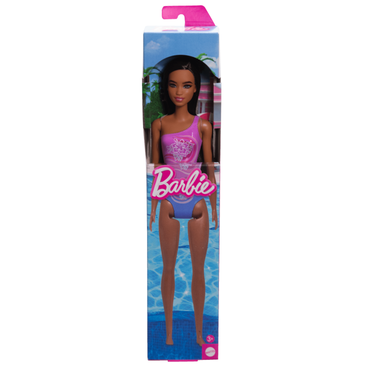 Mattel-Beach Barbie Doll - Tropical Purple Swimsuit-HXX49-Legacy Toys