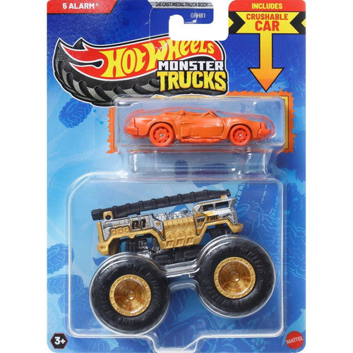 Mattel-HOT WHEELS Monster Truck plus Car -5 Alarm-JCG37-Legacy Toys