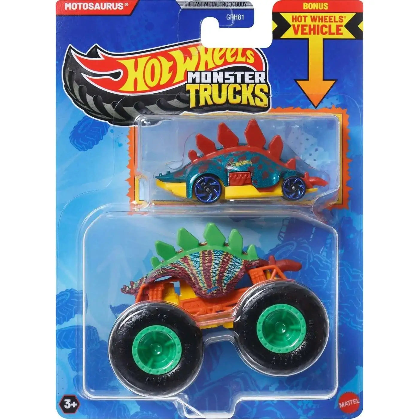 Mattel-HOT WHEELS Monster Truck plus Car - Motosaurus-JCG40-Legacy Toys