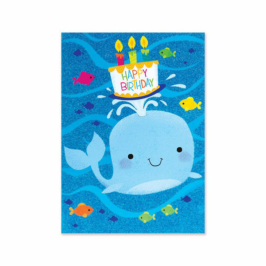 Peaceable Kingdom-Glitter Whale with Cake Birthday Card-11494-Legacy Toys