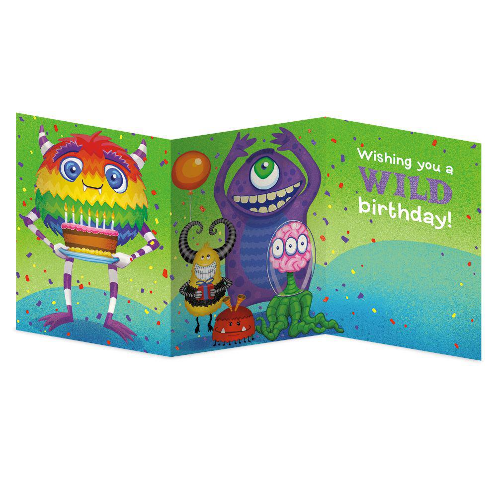 Peaceable Kingdom-Tri Fold Birthday Card - Monster Party-11389-Legacy Toys