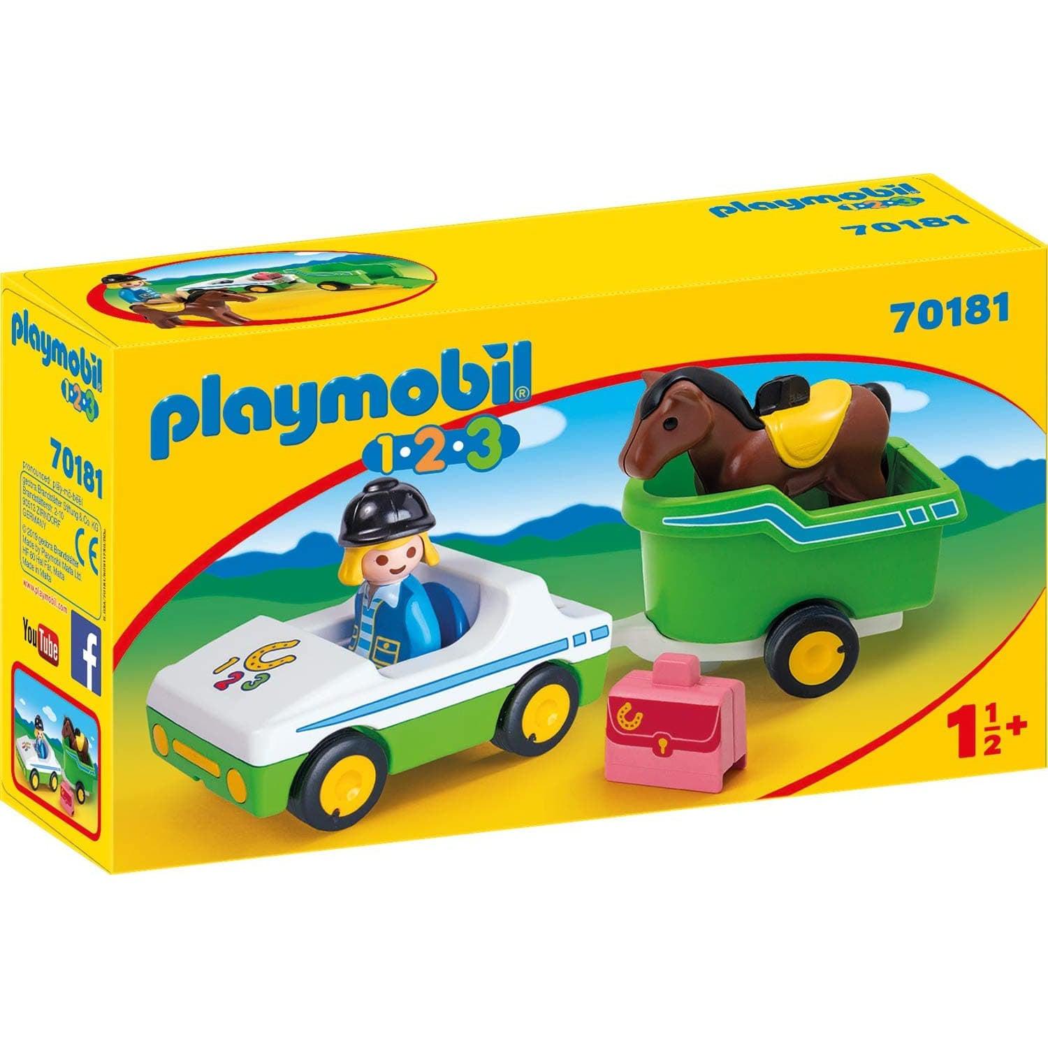 Playmobil-1.2.3. Car with Horse Trailer-70181-Legacy Toys